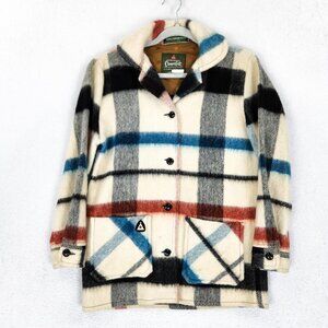 Vintage Canadian Camper Coat Womens Medium Cream Plaid Wool Mohair Overcoat 60s